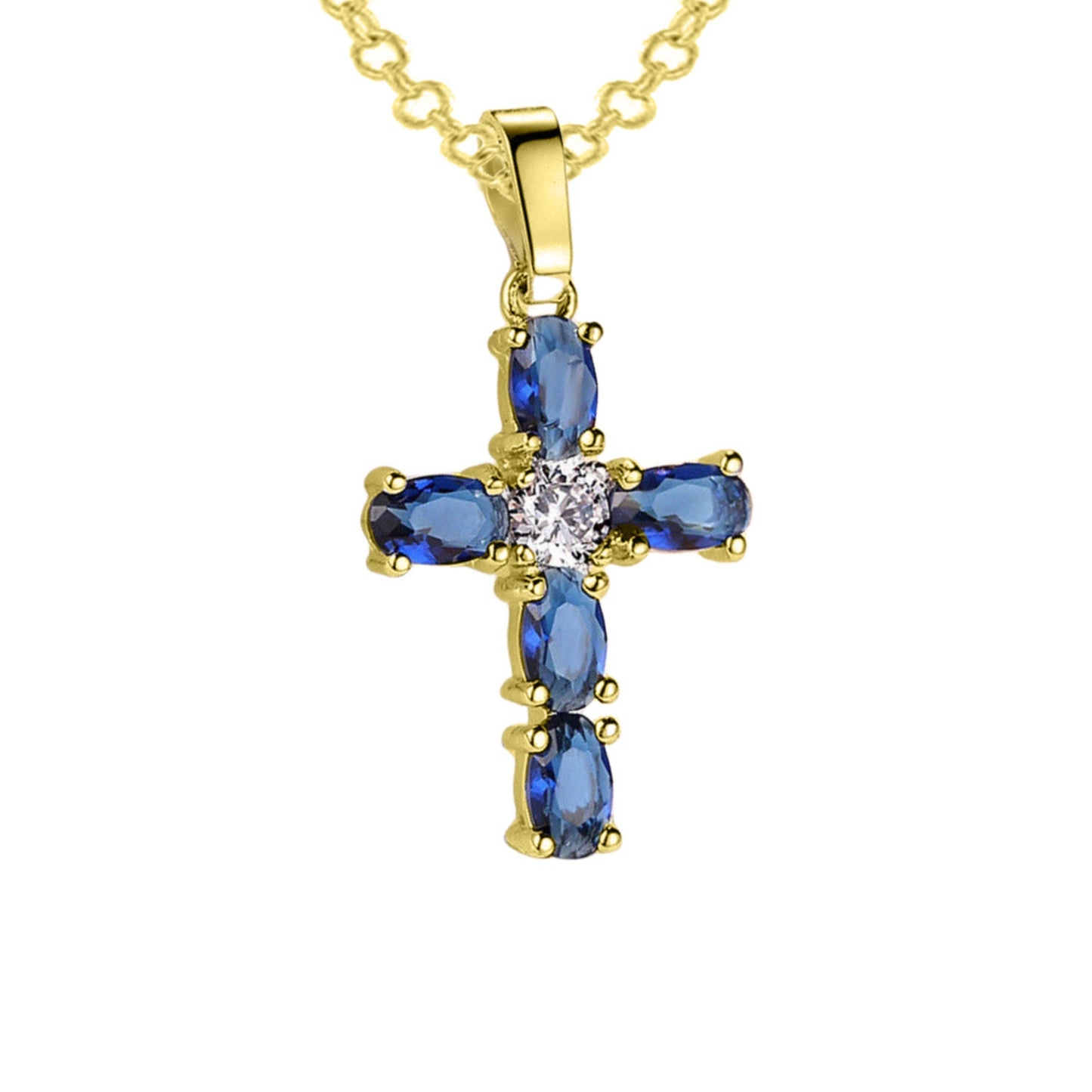 Blue Sapphire and Diamond Cross Pendant Necklace with 18"inch Chain in 14K Yellow Gold Vermeil - Anniversary Necklace for Women