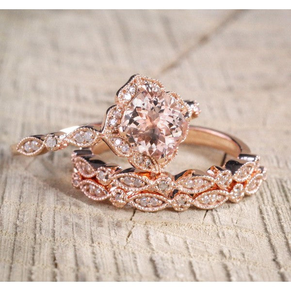 2 ct Morganite and Diamond Trio Wedding Bridal Ring Set in 14k Rose Gold Vermeil - Art Deco Engagement Ring Set Twisted Bridal anniversary ring