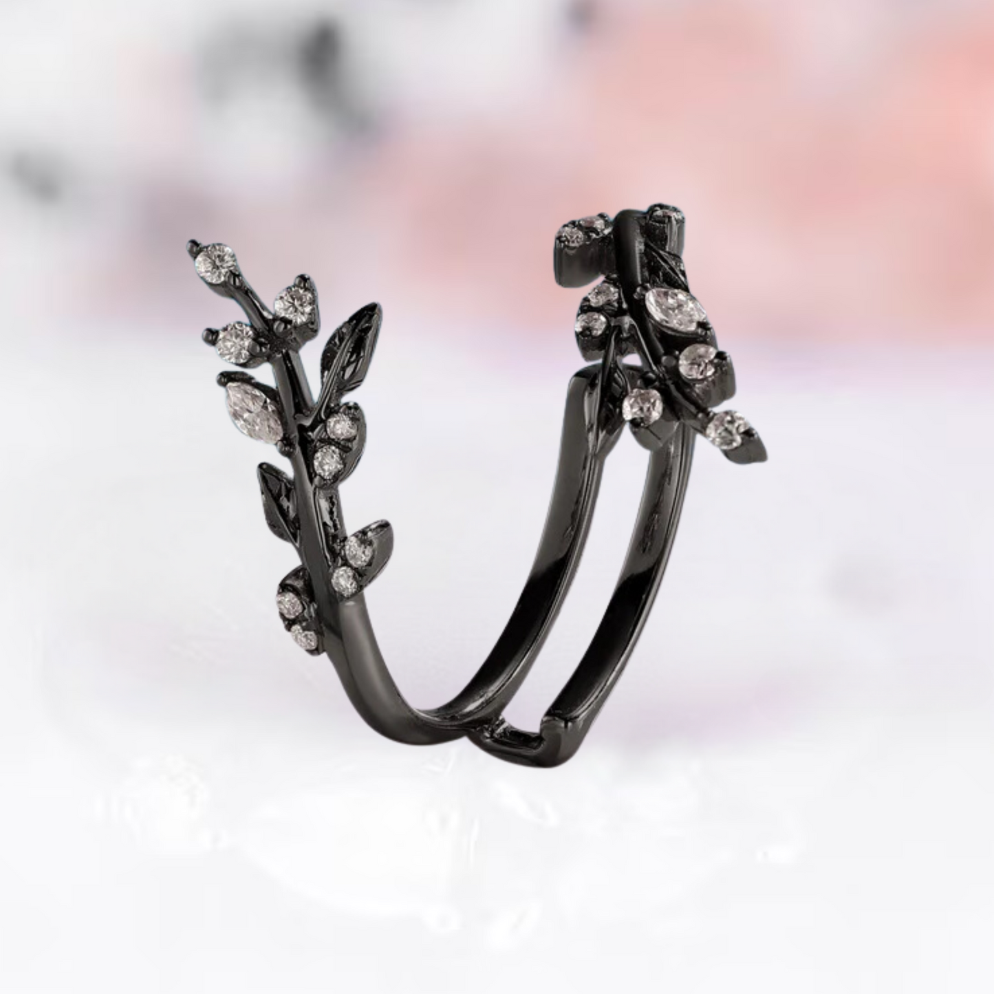 Marquise & Round Diamond Leaf Wedding Wrap Ring Jacket in Black Rhodium on Sterling Silver - Engagement Ring Enhancer Gift For Her