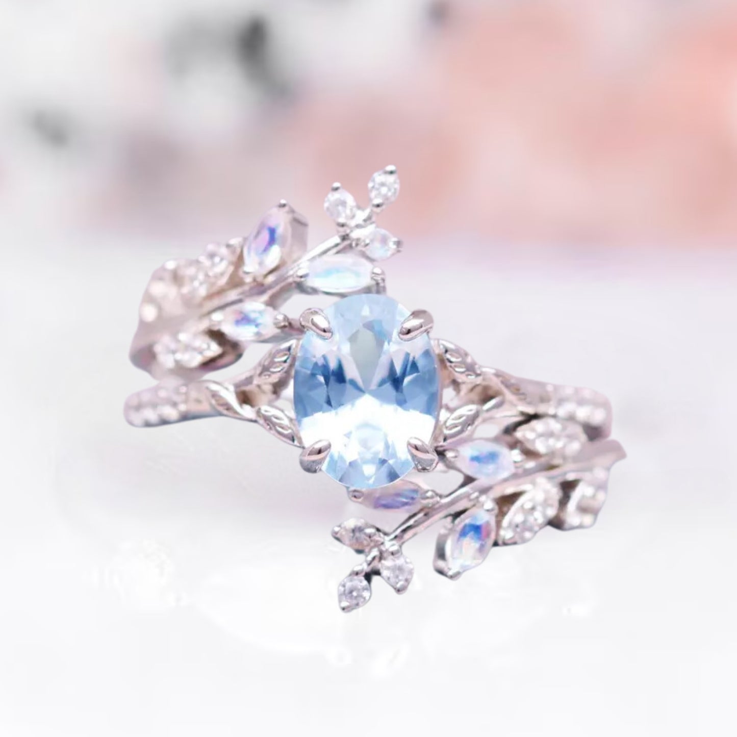 Aquamarine & Moonstone Leaf Ring Set in 925 Sterling Silver Fairy Engagement Ring For Women - Unique Promise Ring Anniversary Gift For Her