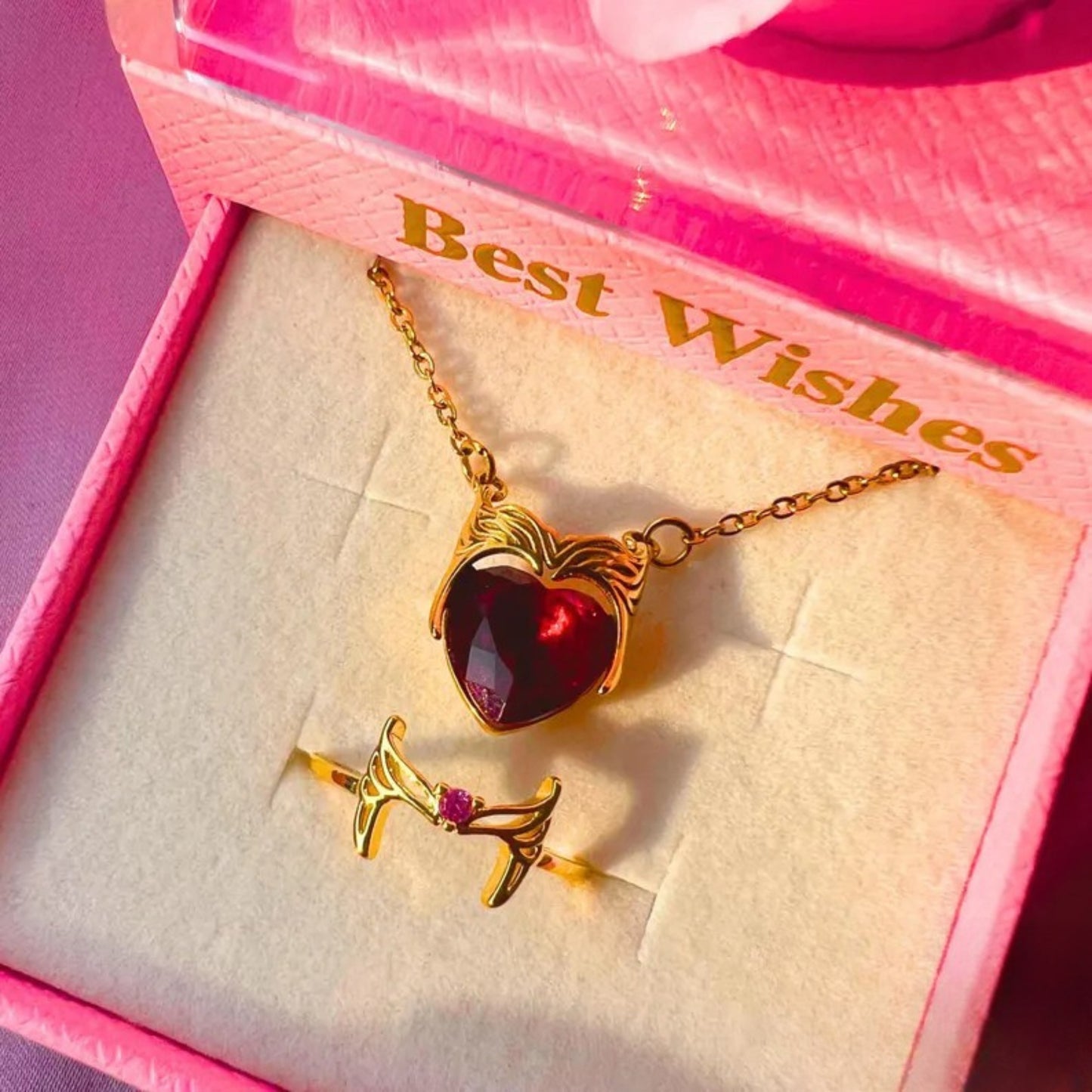 Red Heart Necklace - Witch Crown Inspired Necklace in 14k Yellow Gold Vermeil - Witch Ring - Christmas Gift for Her - Magical Jewelry