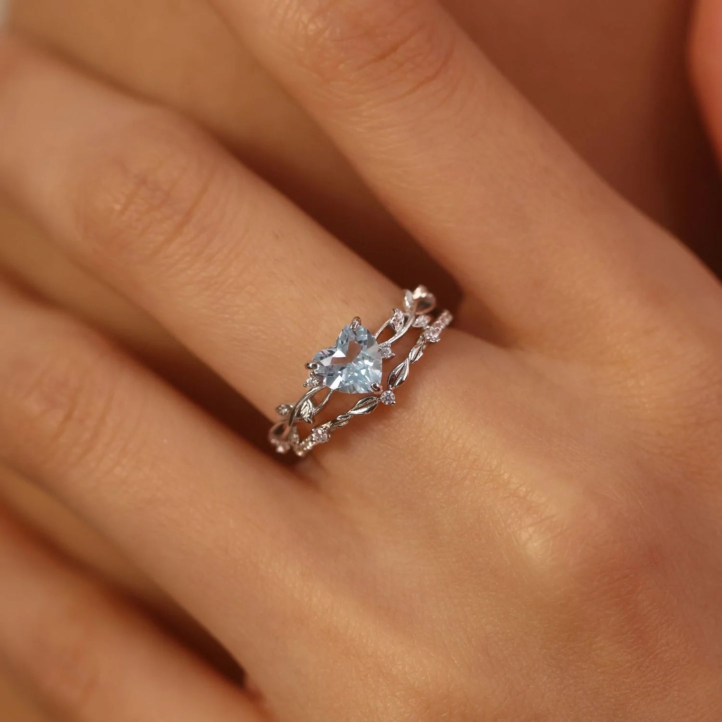 Heart Aquamarine & Diamond Leaf Ring in 925 Sterling Silver Fairy Engagement Ring For Women - Unique Promise Ring Gift For Her