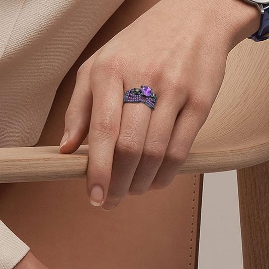 Amethyst Gothic Skull Ring Set in Black Rhodium on Sterling Silver - Halloween Biker Rings for Women Christmas Gifts