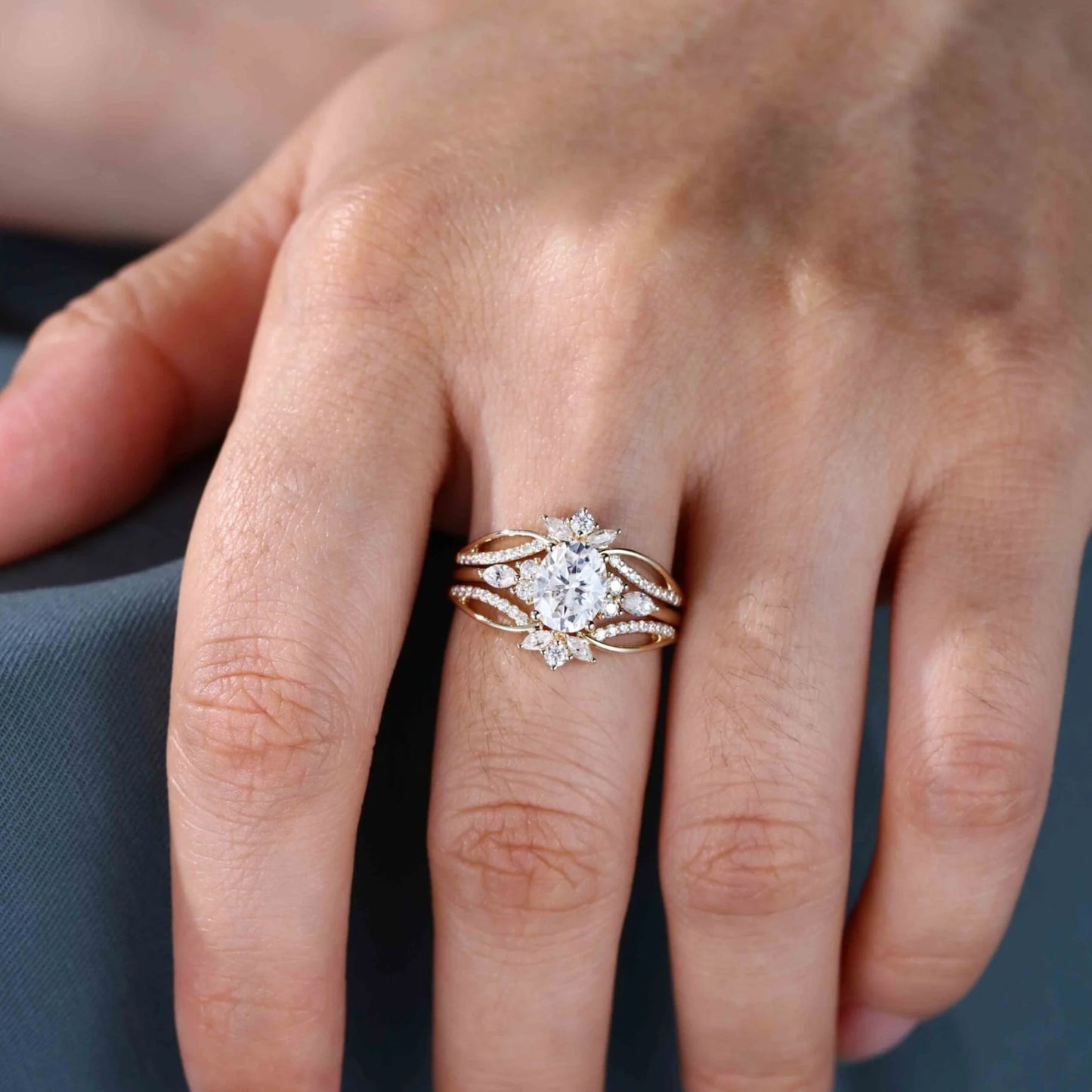 1.5 Ct Oval Cut Diamond Double Vintage Cluster Engagement Ring Set In 14k Yellow Gold Finish