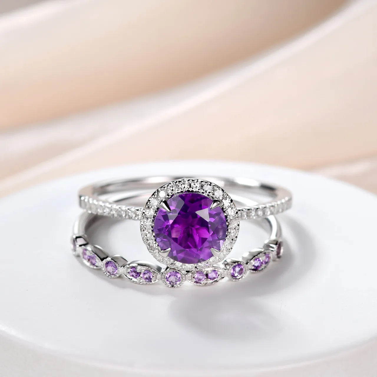 Amethyst & White Diamond Engagement Ring Set in Sterling Silver - Wedding Band Gift For Her Promise Women Anniversary February Birthstone 2pcs