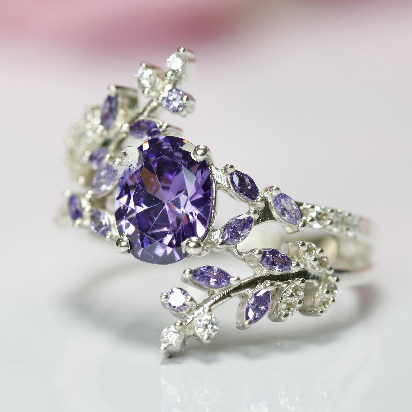 Amethyst & Diamond Engagement Ring in 925 Sterling Silver Bridal leaf Ring - Anniversary Gift