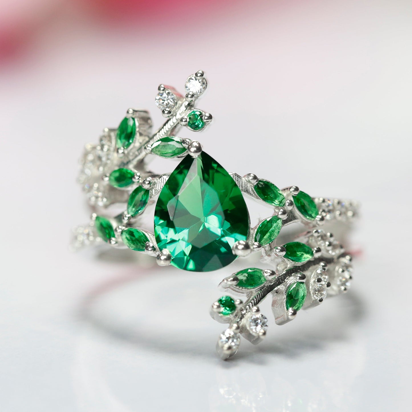 Emerald Leaf Engagement Ring - Unique Promise Ring For Her - Emerald Birthstone - May Birthstone