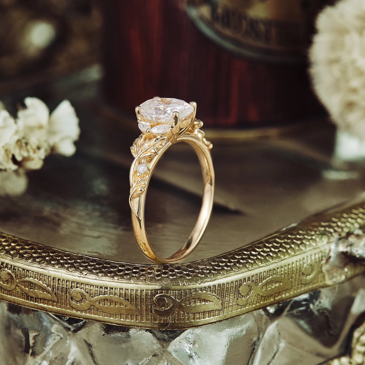 Crossed Leaf Diamond Engagement Ring in 18K Yellow Gold Vermeil Nature Inspired Leaf Ring