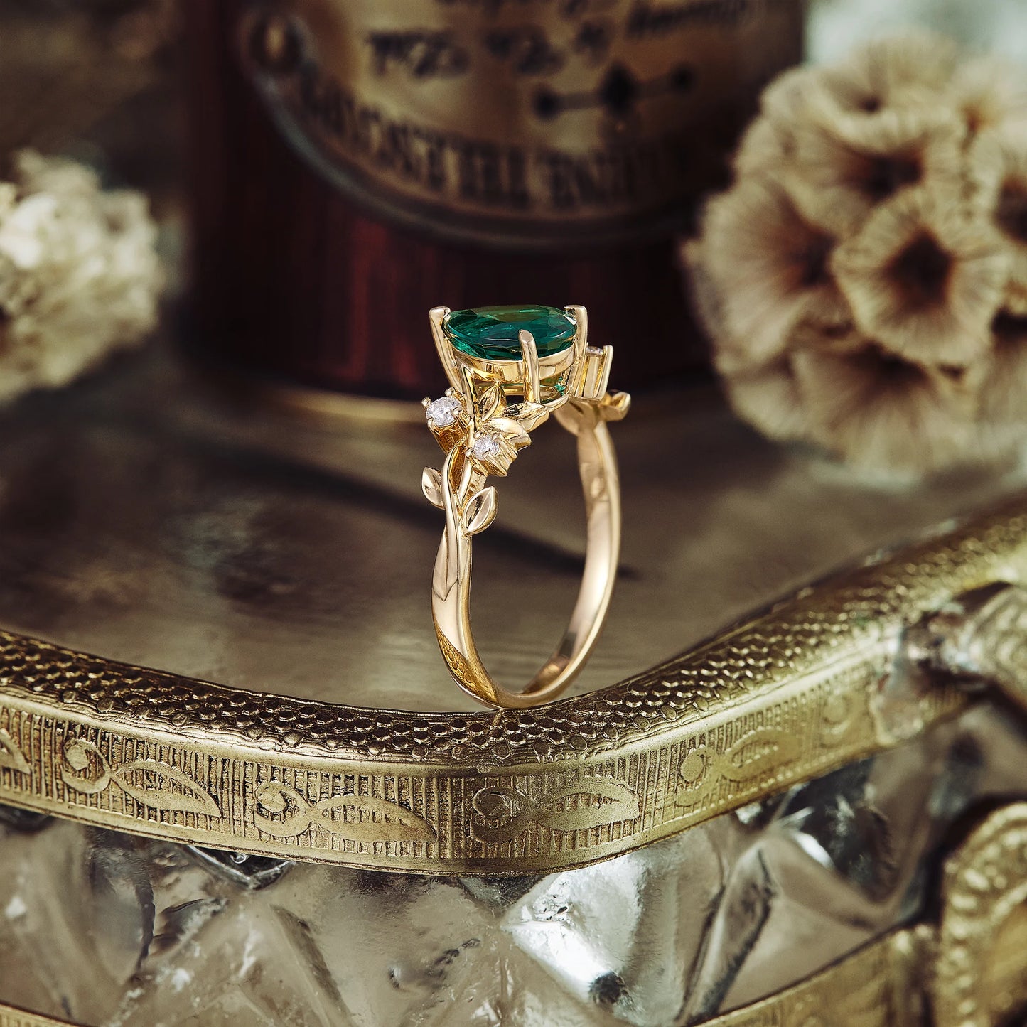 Art Deco Emerald Engagement Promise Ring For Women 18K Yellow Gold Vermeil May Birthstone Ring For Mom