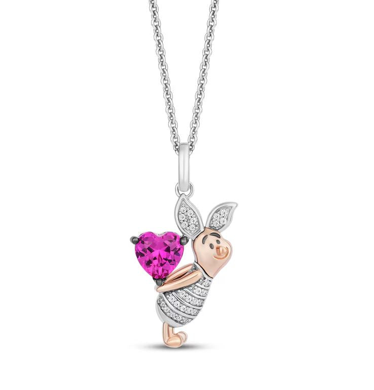 Enchanted Treasures Winnie the Pooh Piglet Pink Sapphire & Diamond Women's Gift Pendant Necklace with 18" Chain in 925 Sterling Silver