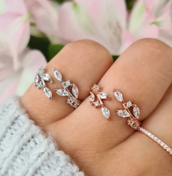 Marquise Shape Diamond Adjustable Leaf Ring in Sterling Silver Stackable Open Ring For Her