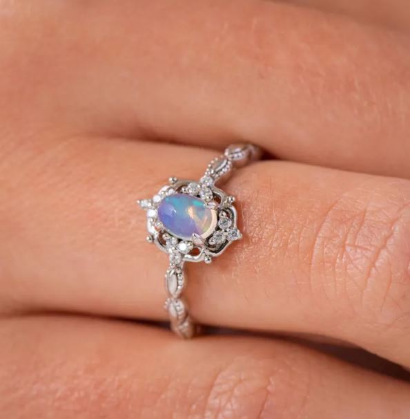 Vintage Natural Opal Ring in 925 Sterling Silver - Engagement Promise Ring For Women October Birthstone