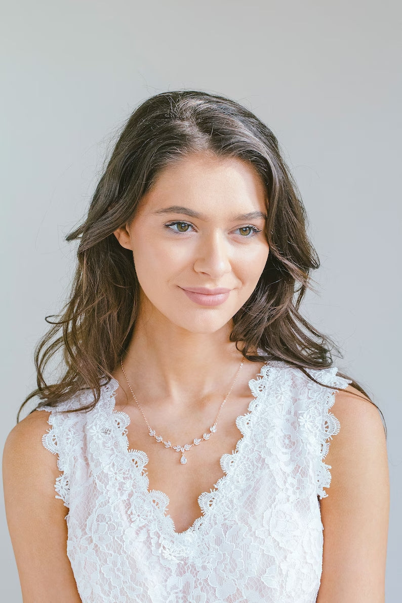 Bridal Simple Necklace - Bridal Crystal Necklace CZ Wedding Jewelry Set - Bridal Jewelry