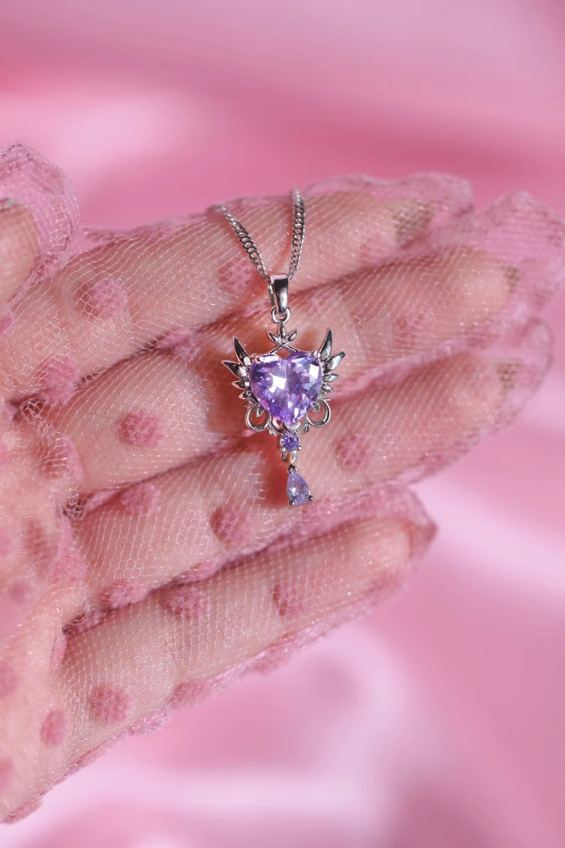 Enchanting Anime Inspired Necklace in 14k Yellow Gold Vermeil Unique Purple Heart Pendant with Wing and Swinging Drop