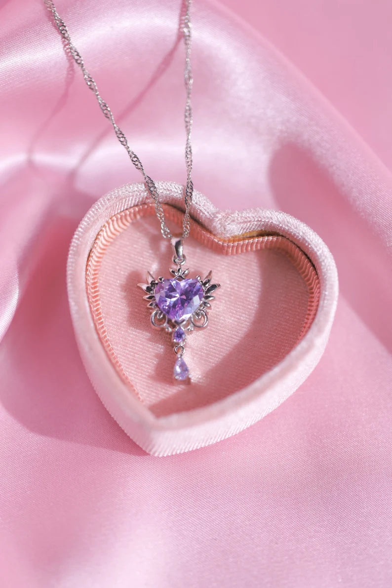 Enchanting Anime Inspired Necklace in 14k Yellow Gold Vermeil Unique Purple Heart Pendant with Wing and Swinging Drop