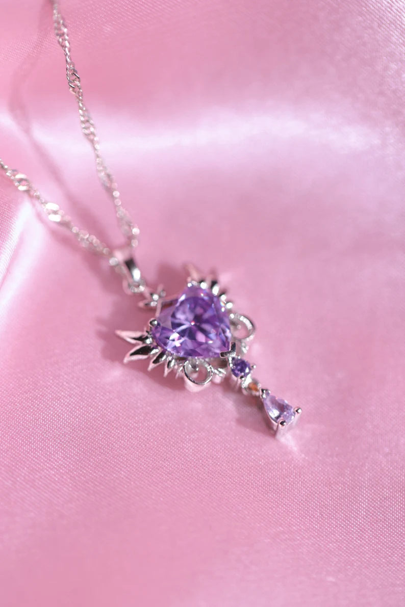Enchanting Anime Inspired Necklace in 14k Yellow Gold Vermeil Unique Purple Heart Pendant with Wing and Swinging Drop