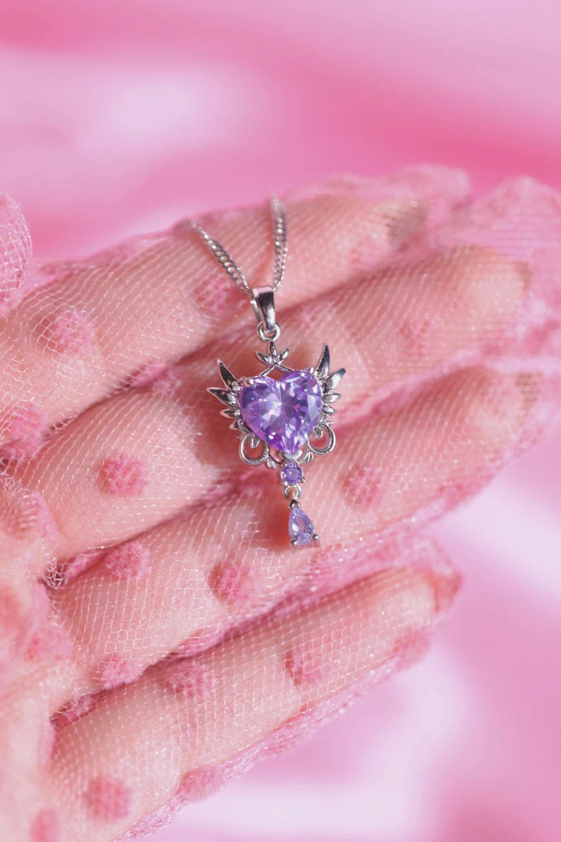 Enchanting Anime Inspired Necklace in 14k Yellow Gold Vermeil Unique Purple Heart Pendant with Wing and Swinging Drop