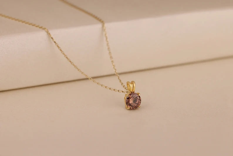 Brown Diamond Solitaire Pendant Necklace in 14k Rose Gold Vermeil - Everyday Necklace For Her