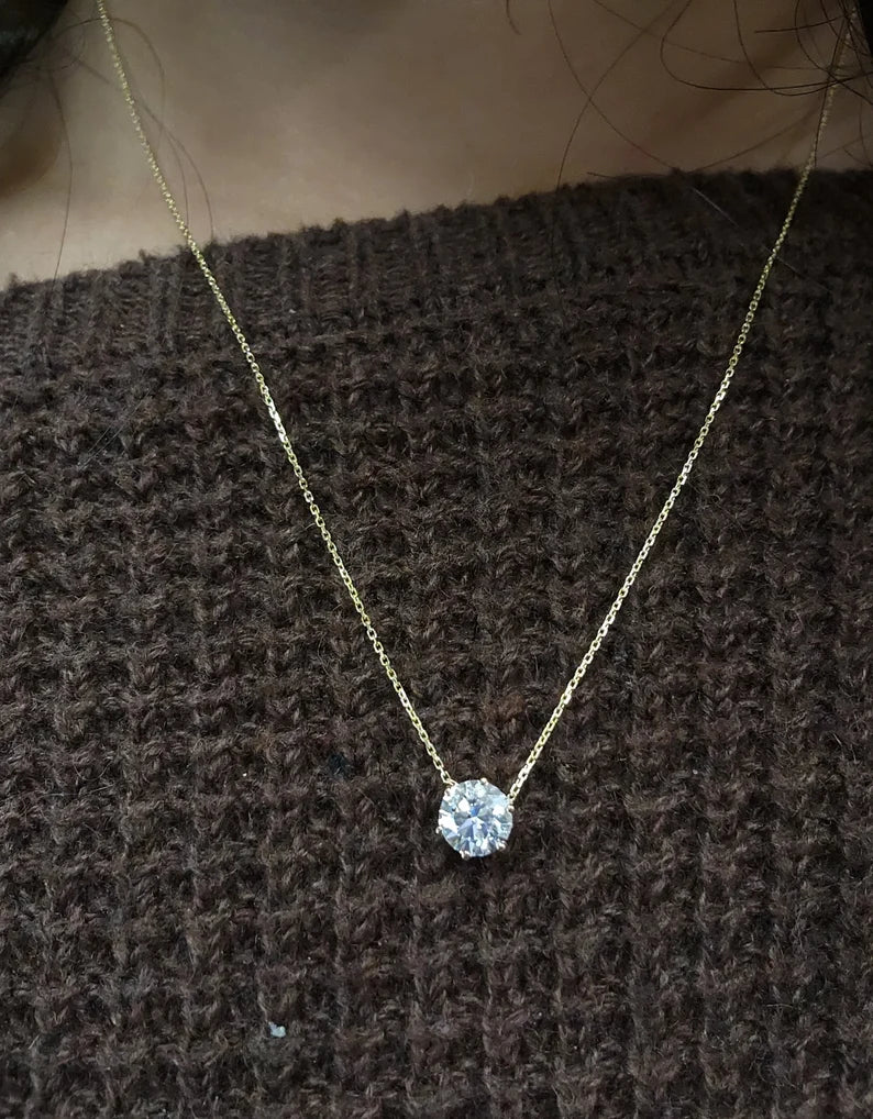 1 Ct Diamond Necklace in 6 Prong Diamond Solitaire Necklace in 14k Yellow Gold Vermeil - Everyday Necklace For Womens
