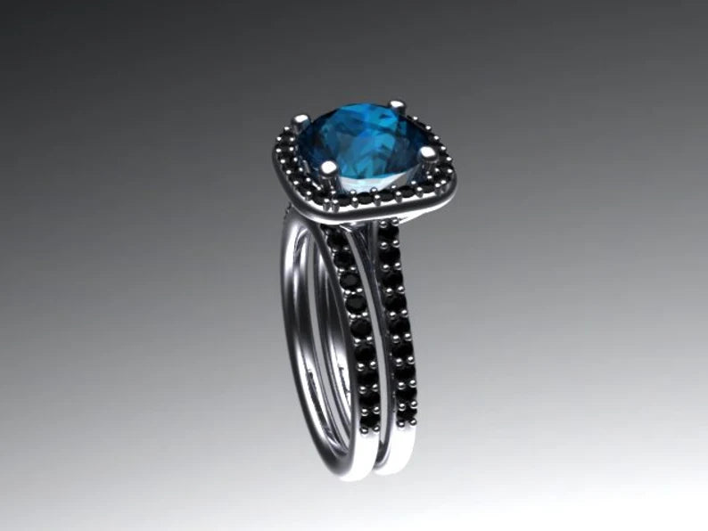 London Blue Topaz & Black Diamond Engagement Ring Set in Black Rhodium on 925 Sterling Silver