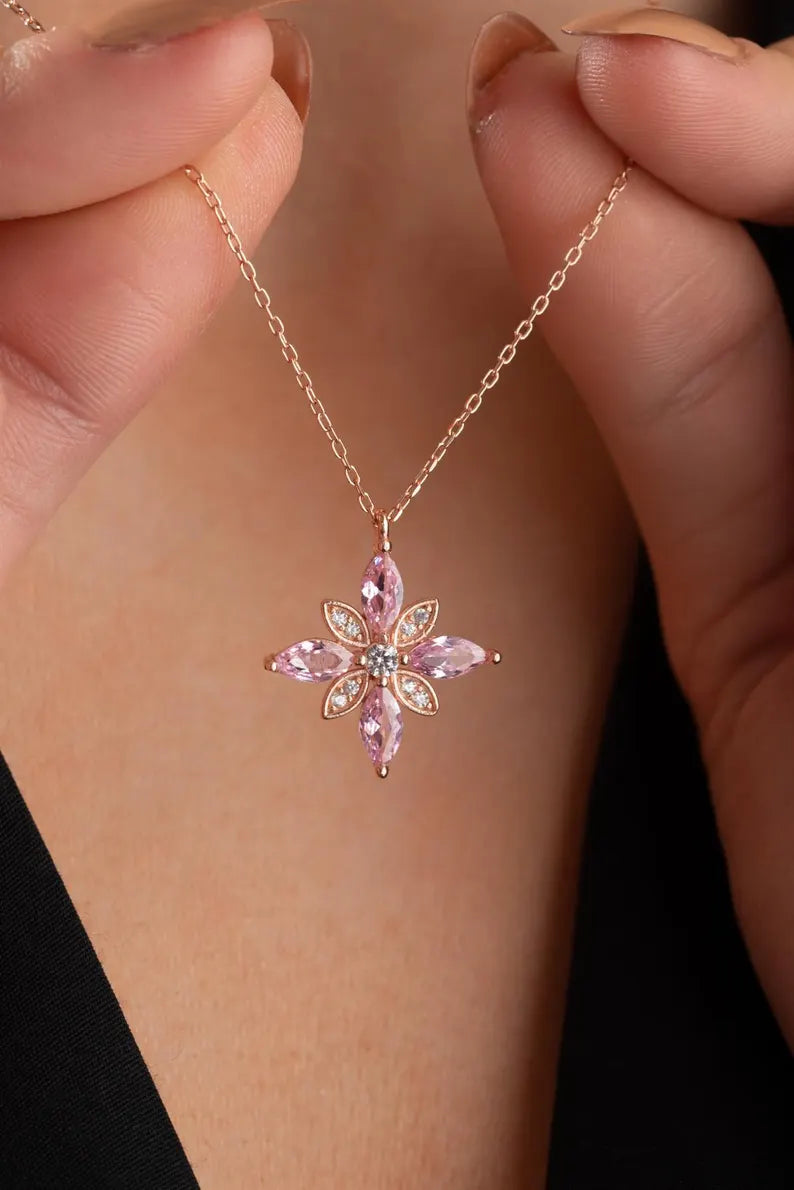 Pink Flower Necklace is Perfect for a Touch of Elegance in 925 Sterling Silver Rose Gold Plated - Gift For Her