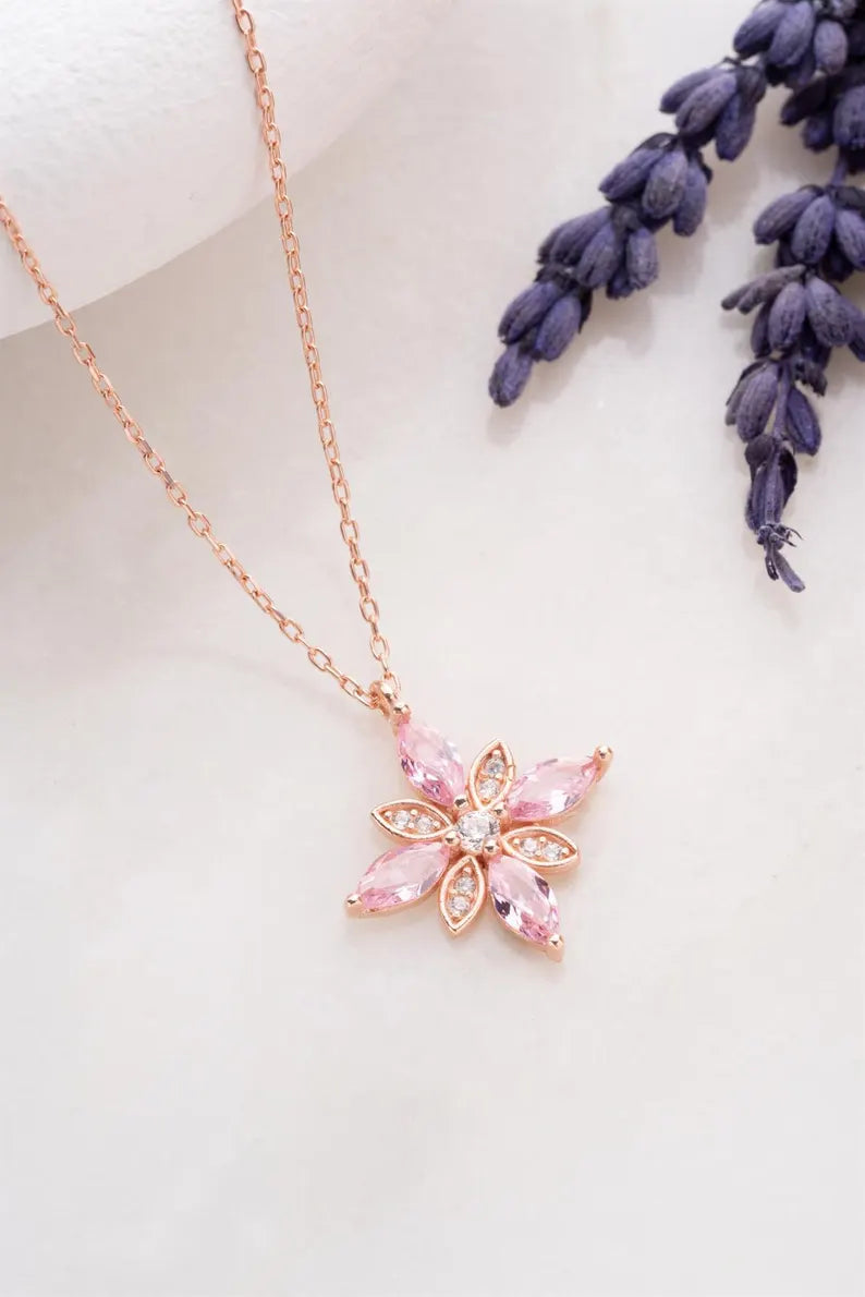Pink Flower Necklace is Perfect for a Touch of Elegance in 925 Sterling Silver Rose Gold Plated - Gift For Her