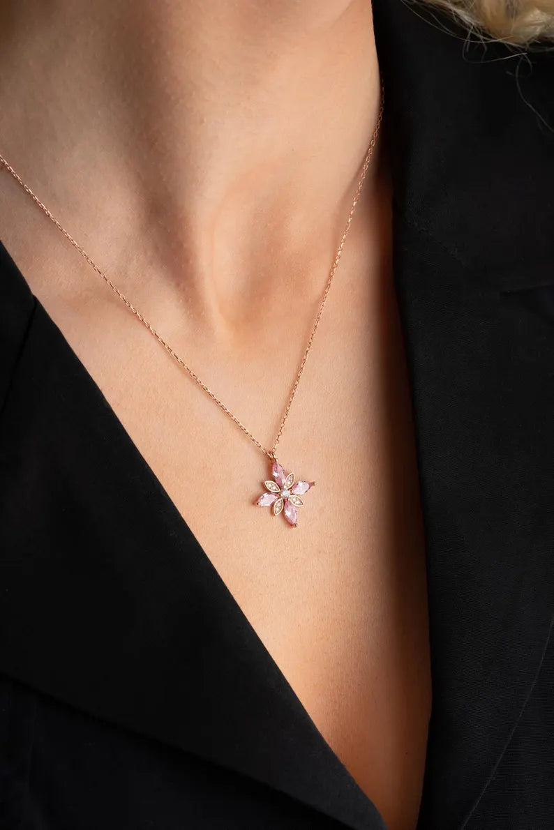 Pink Flower Necklace is Perfect for a Touch of Elegance in 925 Sterling Silver Rose Gold Plated - Gift For Her