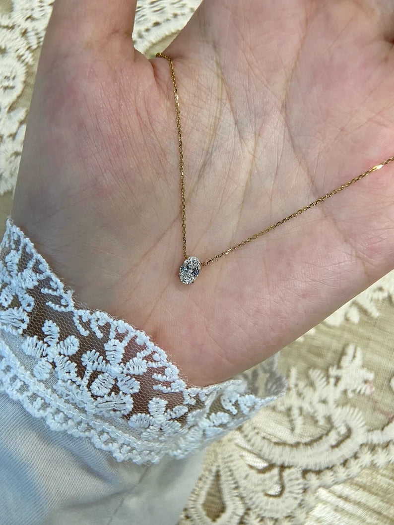 0.5 Carat Oval Cut Diamond Necklace in 14k Yellow Gold Vermeil - Best Gift For Her