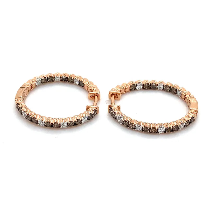14k Rose Gold Vermeil Brown and White Round Diamonds Huggie Hoop Inside Out Earrings - Anniversary Gift For Wife