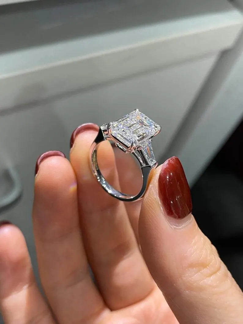 3 Carat Emerald Cut Diamond Engagement Ring in Sterling Silver - Anniversary Ring For Her