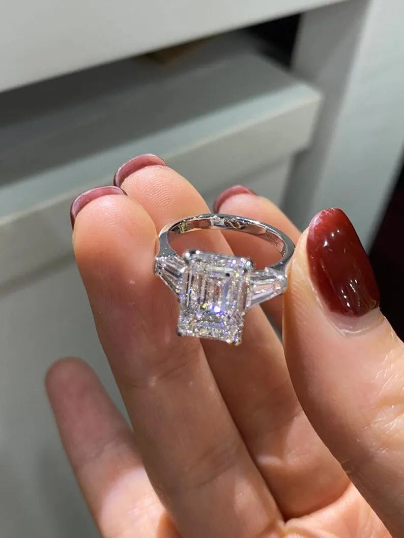 3 Carat Emerald Cut Diamond Engagement Ring in Sterling Silver - Anniversary Ring For Her