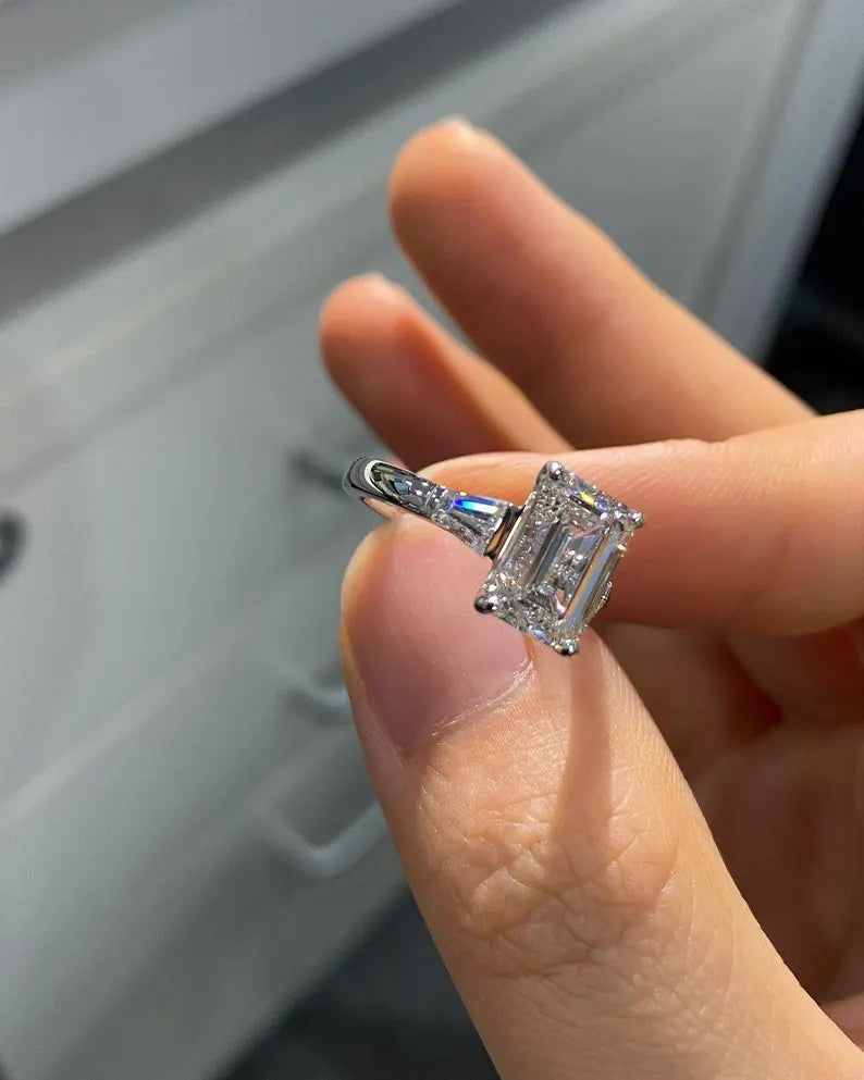 3 Carat Emerald Cut Diamond Engagement Ring in Sterling Silver - Anniversary Ring For Her