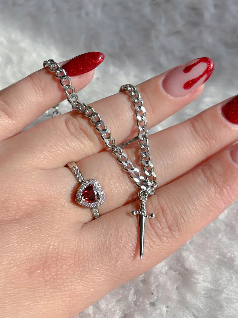 Heart Ring and Sword Bracelet Couple Jewelry in 925 Sterling Silver - Sword and Heart Jewelry Anniversary Gift For Her