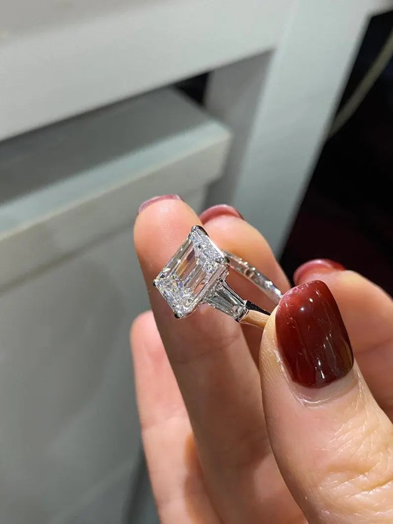 3 Carat Emerald Cut Diamond Engagement Ring in Sterling Silver - Anniversary Ring For Her