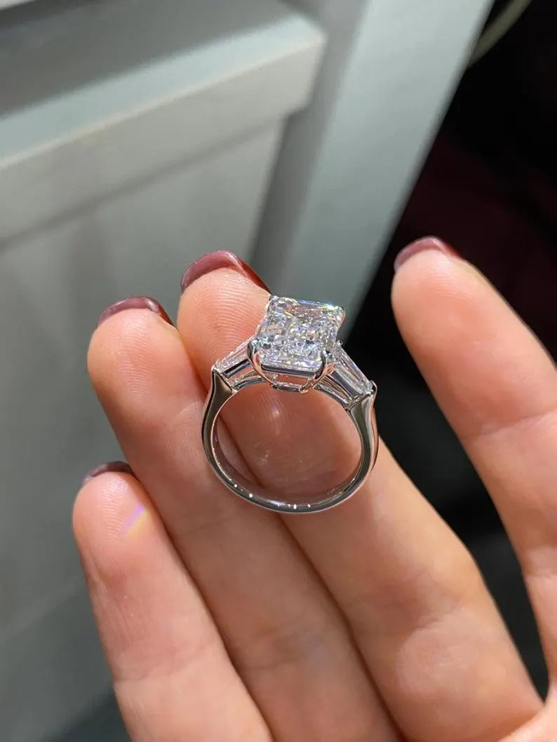 3 Carat Emerald Cut Diamond Engagement Ring in Sterling Silver - Anniversary Ring For Her