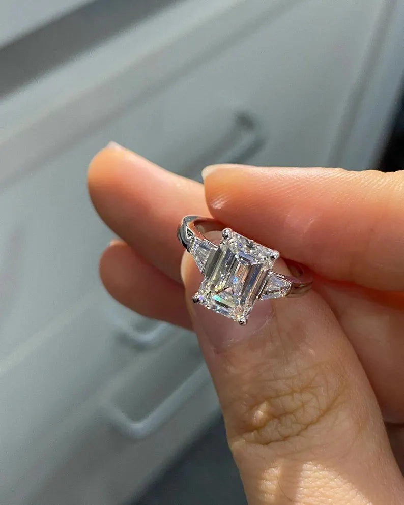 3 Carat Emerald Cut Diamond Engagement Ring in Sterling Silver - Anniversary Ring For Her