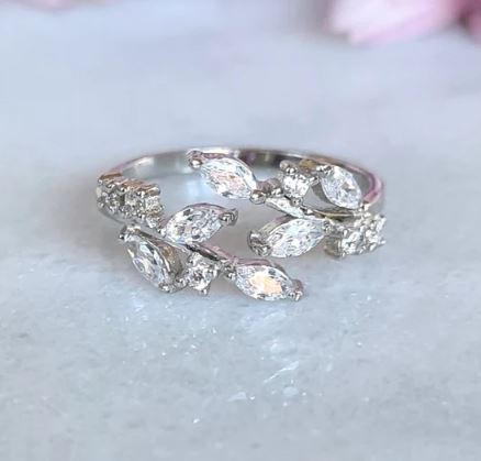Marquise Shape Diamond Adjustable Leaf Ring in Sterling Silver Stackable Open Ring For Her