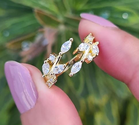 Marquise Shape Diamond Adjustable Leaf Ring in Sterling Silver Stackable Open Ring For Her
