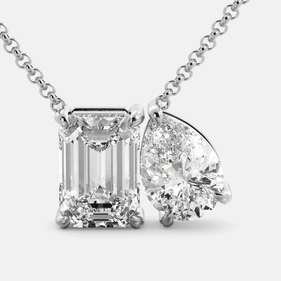 Toi et Moi Diamond Necklace in 14K Yellow Gold Finish - Gift For Her