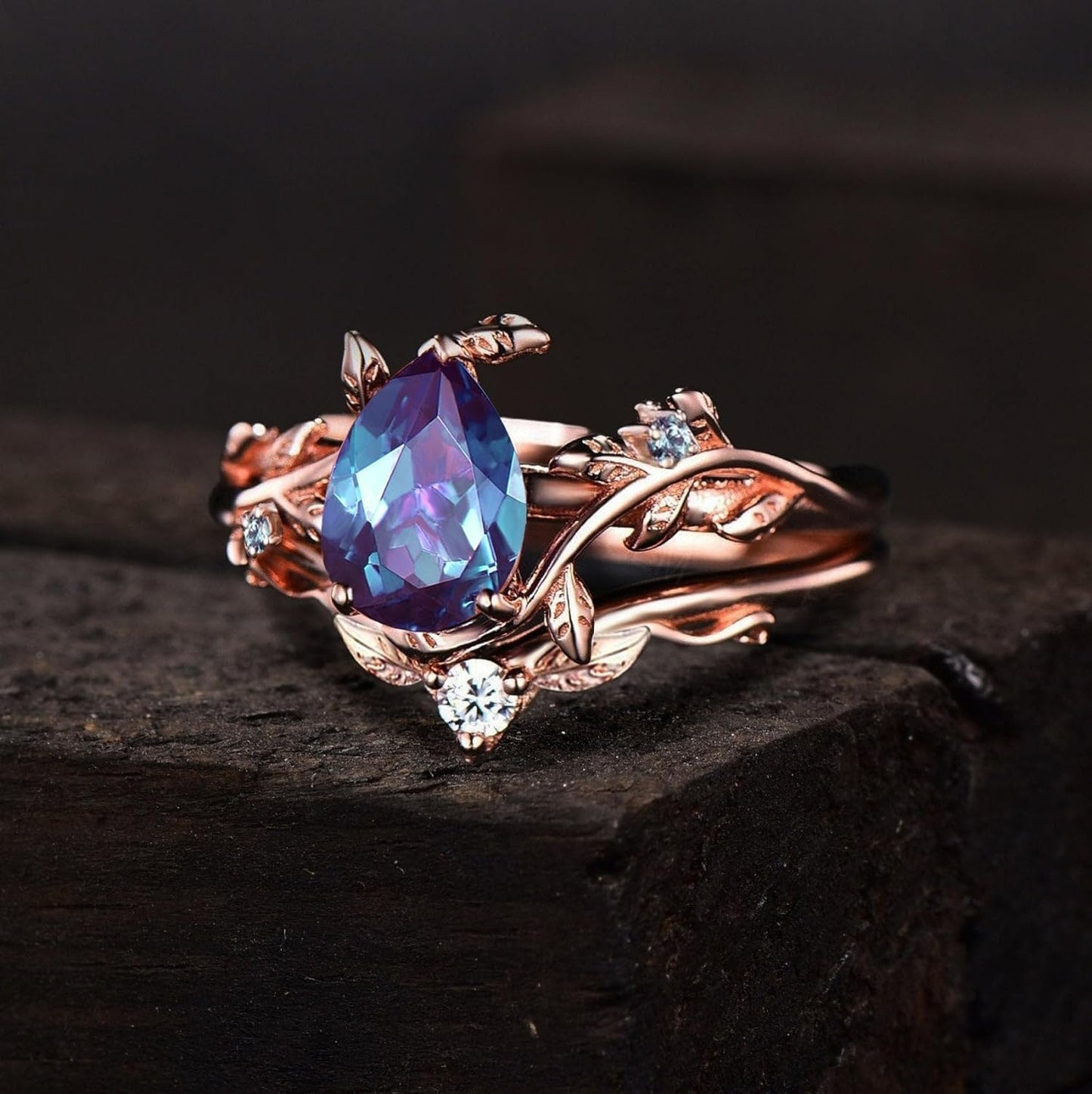 Pear Alexandrite Engagement Ring Sets in 14K Rose Gold Finish Engagement Ring - Gift For Mothers Day