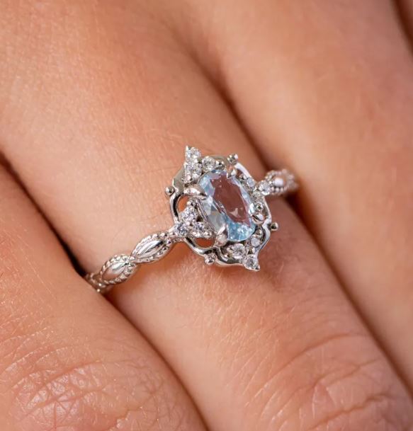 Vintage Aquamarine Ring in Sterling Silver Engagement Ring For Women - March Birthstone