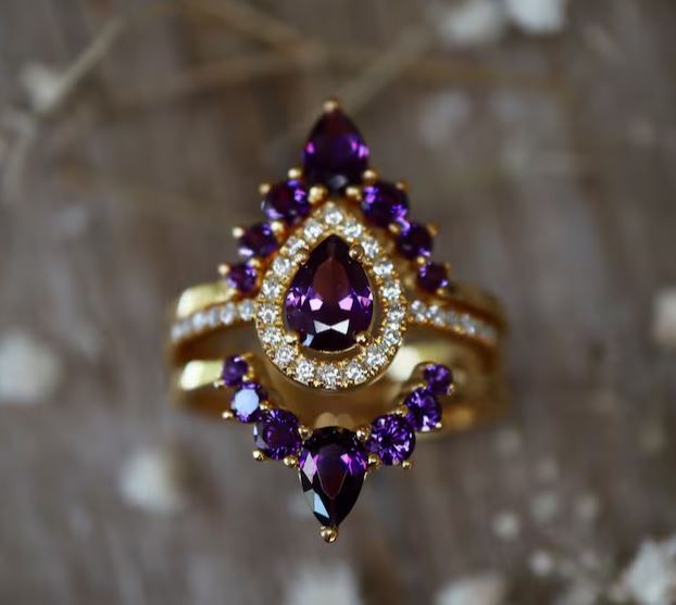 Teardrop Purple Amethyst Wedding Ring Set 14k Rose Gold Vermeil - Halo Engagement Ring - February Birthstone Ring