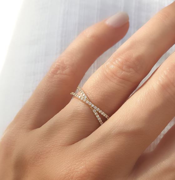 Diamond Crossover Ring in 14K Yellow Gold Finish - Double Eternity Ring - Gift For Love