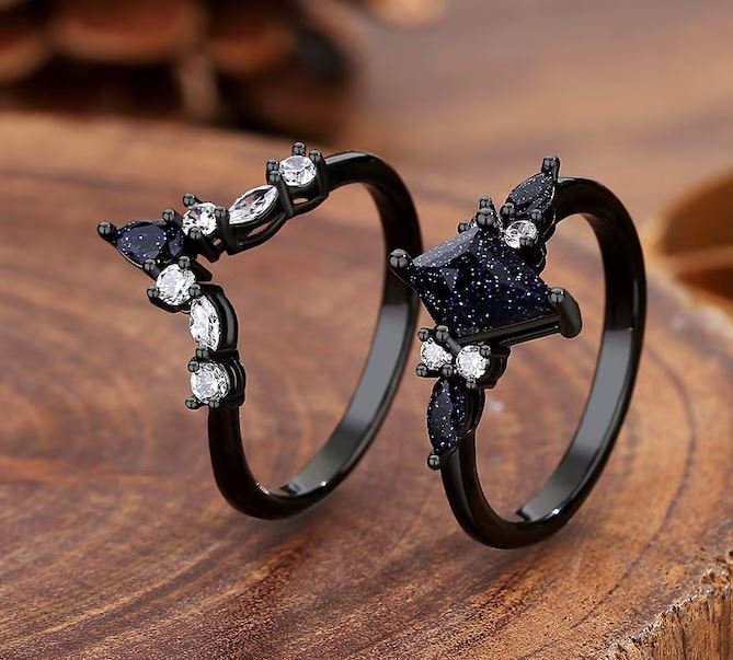 Galaxy Sandstone Ring in Black Rhodium - Blue Sandstone Engagement Ring Set - Nebula Ring