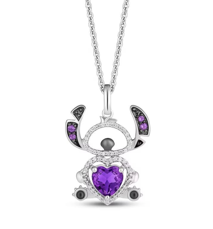 Treasures Lilo & Stitch Heart Shaped Amethyst & Diamond Necklace 1/10 Ct in 925 Sterling Silver - Necklace Gift For Her