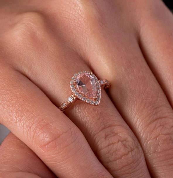 Vintage Teardrop Morganite Ring in 14K Rose Gold Finsih - Morganite Engagement Ring For Women