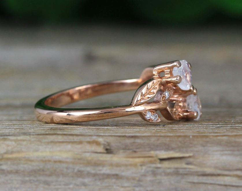 Moonstone Engagement Ring in 14K Rose Gold Finish - Leaf Band Moonstone Ring Proposal Ring For Her