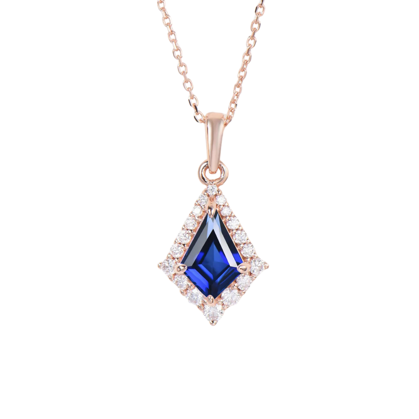 14K Rose Gold Kite Cut Blue Sapphire Necklace Halo Moissanite Pendant