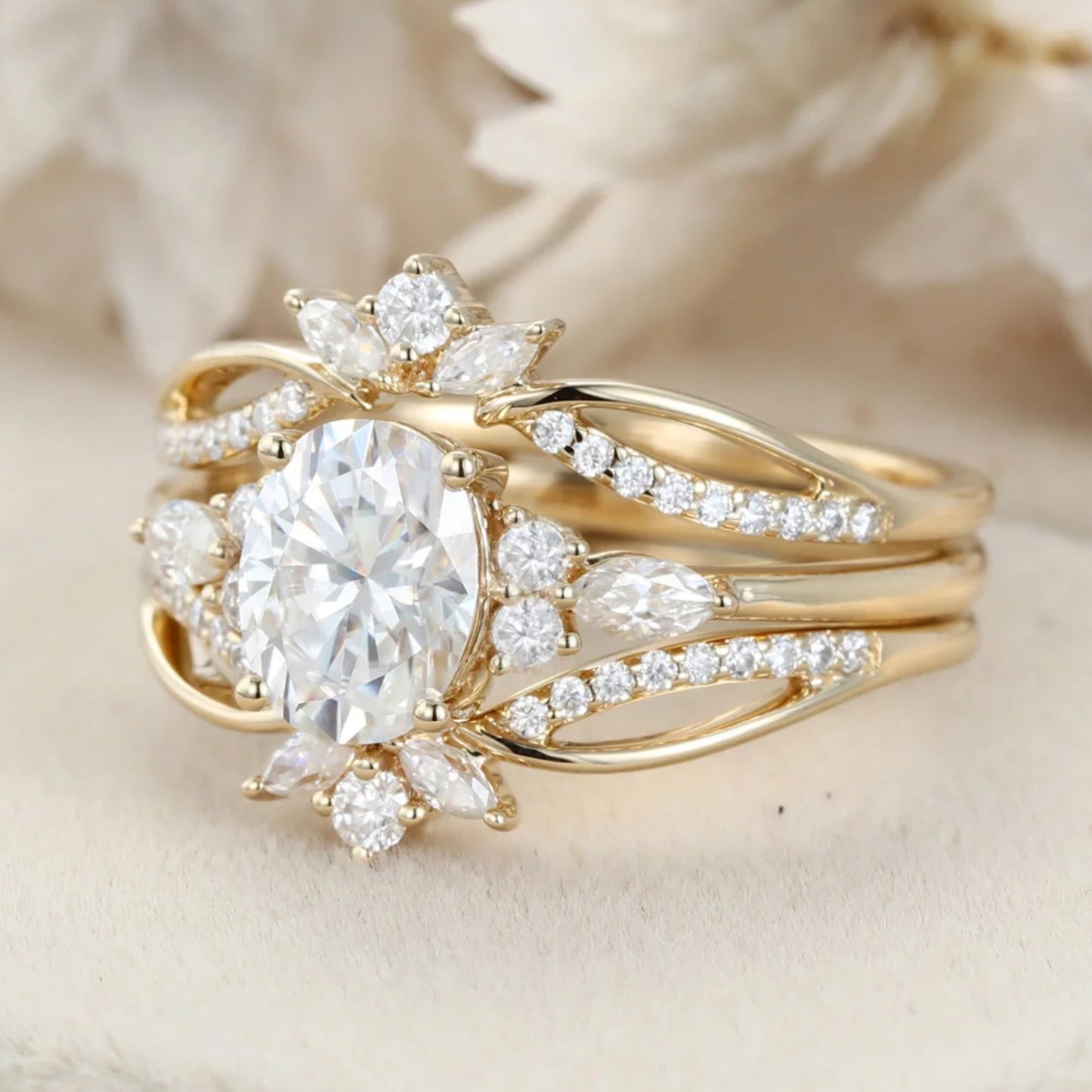 1.5 Ct Oval Cut Diamond Double Vintage Cluster Engagement Ring Set In 14k Yellow Gold Finish