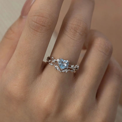 Heart Aquamarine & Diamond Leaf Ring in 925 Sterling Silver Fairy Engagement Ring For Women - Unique Promise Ring Gift For Her